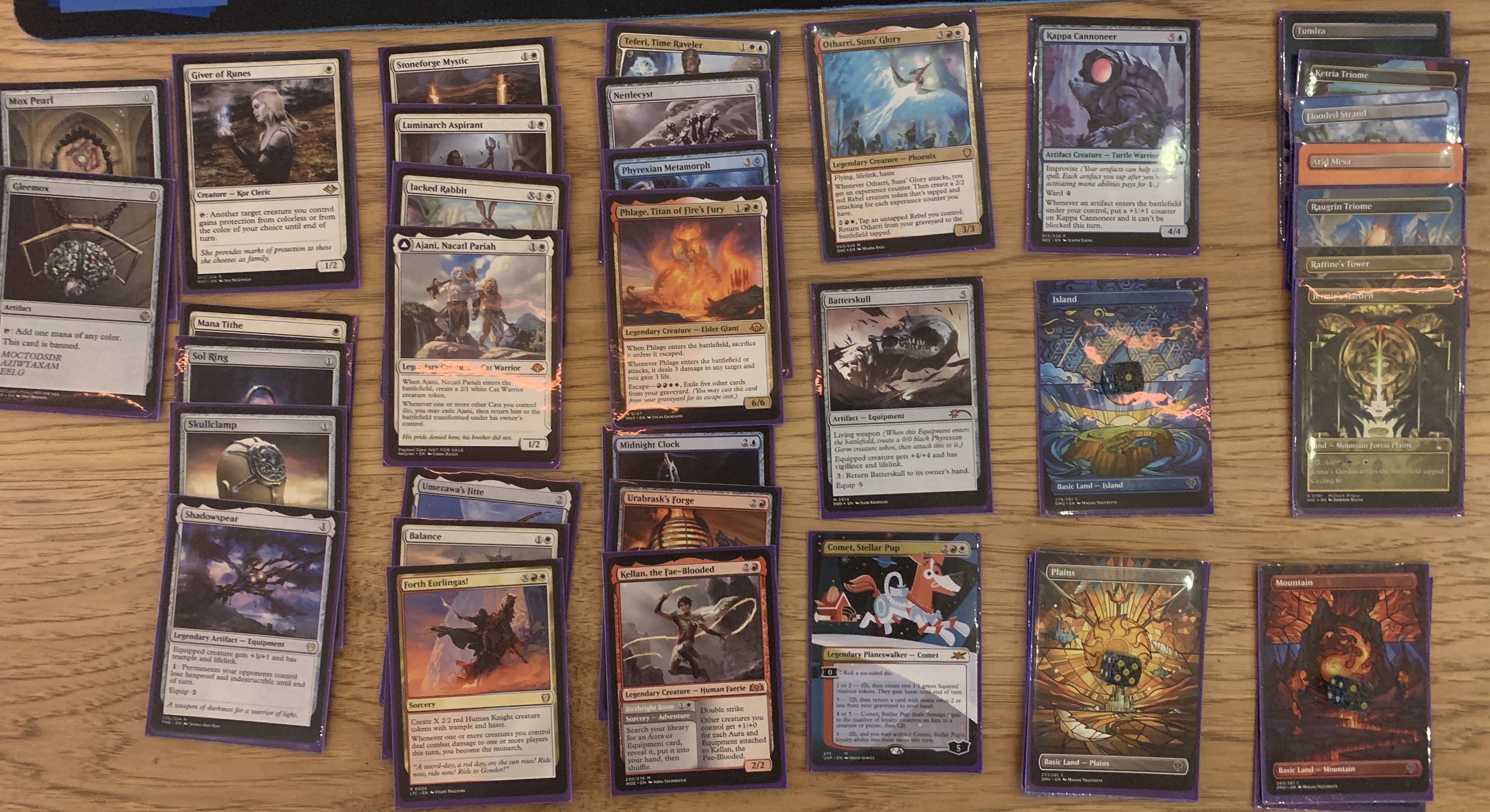 A deck picture of a base-white Jeskai artifact equipment/ramp deck.