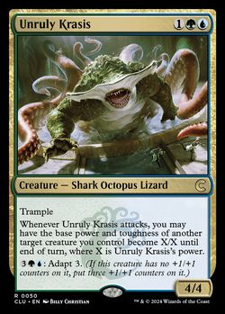 Unruly Krasis {1}{G}{U}
Creature — Shark Octopus Lizard
Trample
Whenever this creature attacks, you may have the base power and toughness of another target creature you control become X/X until end of turn, where X is this creature's power.
{3}{G}{U}: Adapt 3. (If this creature has no +1/+1 counters on it, put three +1/+1 counters on it.)
4/4